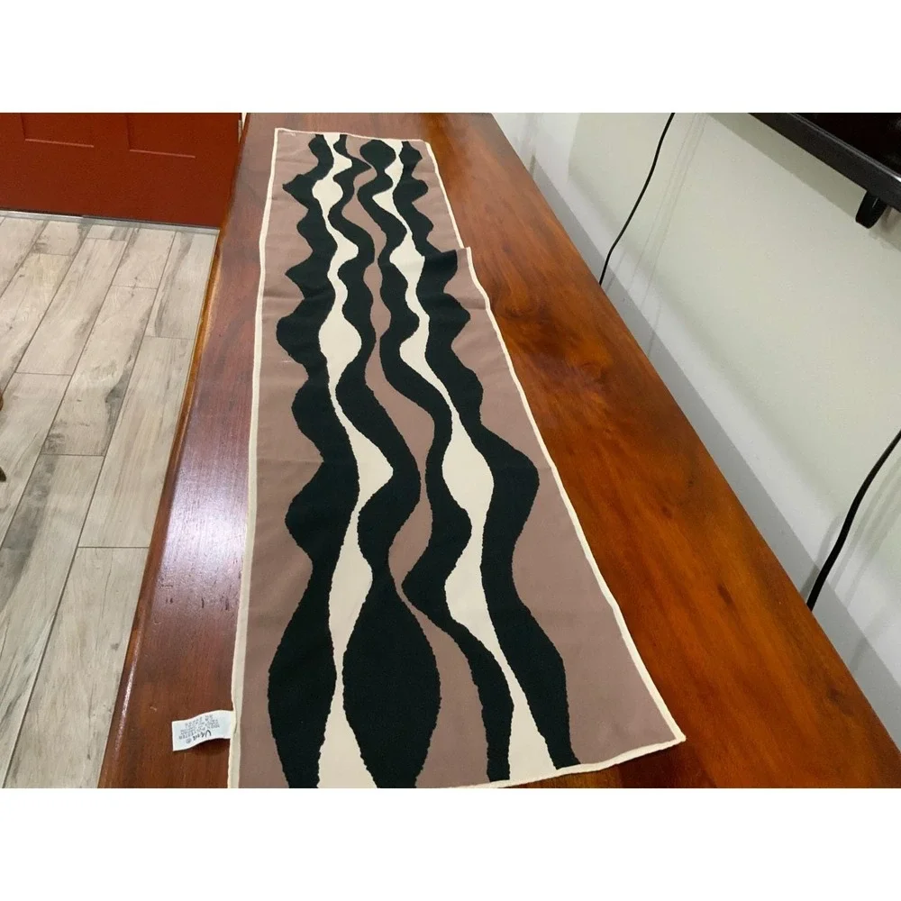 Vera  Vintage Oblong Scarf Abstract Wavy Print Black Brown Cream Japan